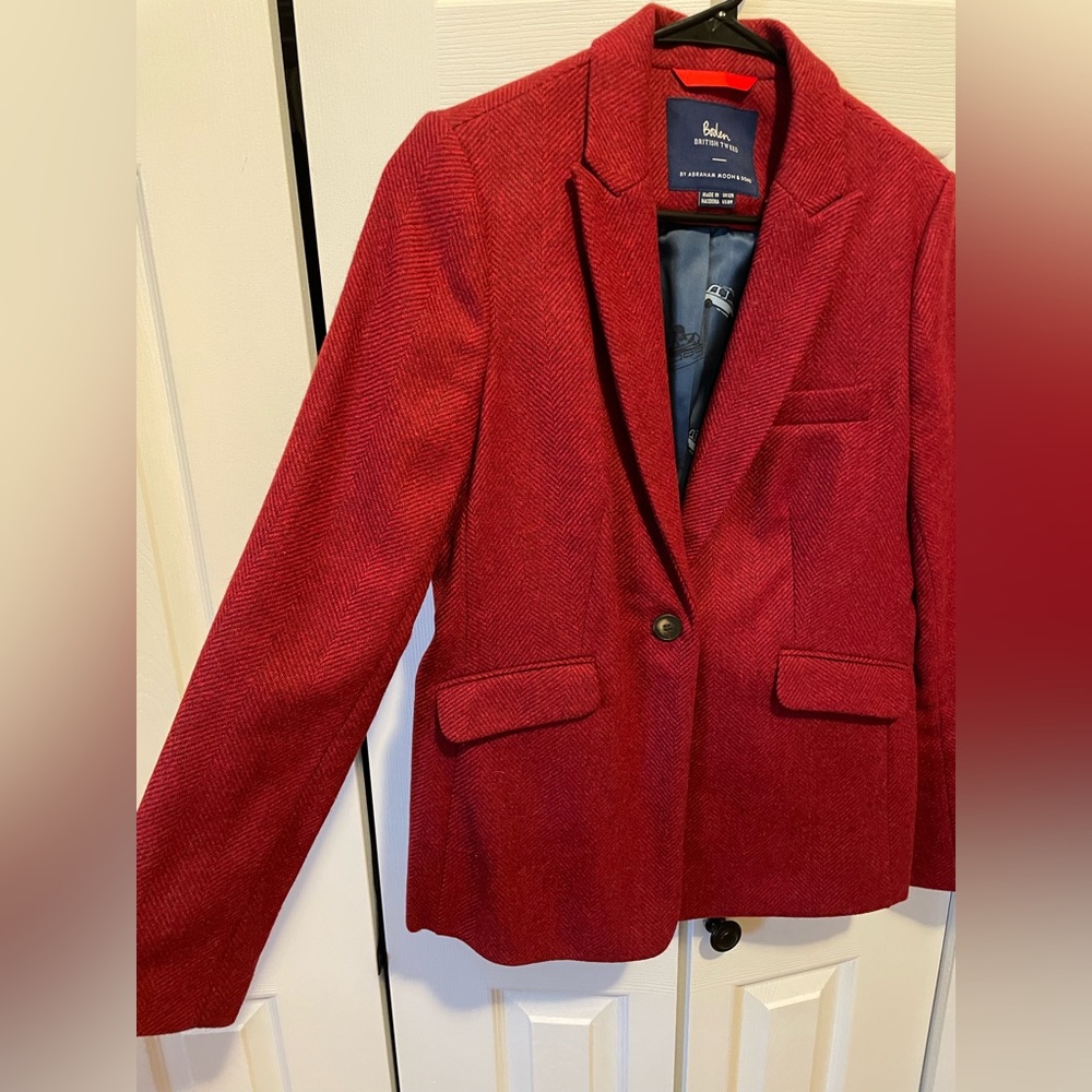 Boden British Tweed Red Herringbone Wool Blazer